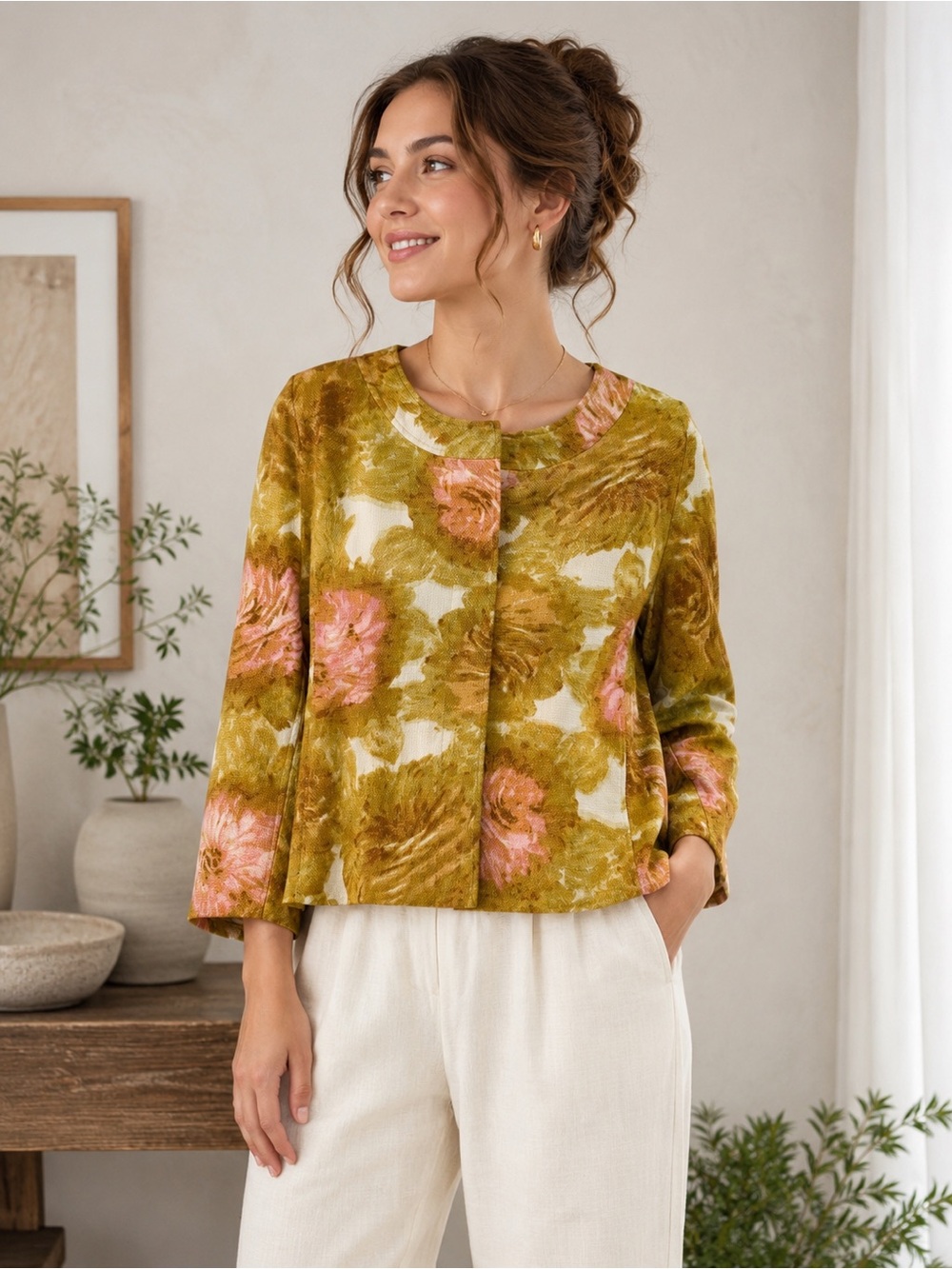 Talbots Floral Tapestry Jacket Womens 10 Green Pink Cotton Lined